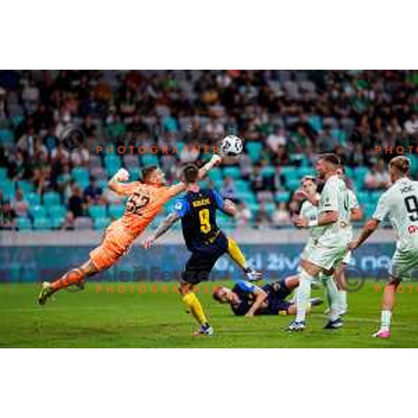 of Olimpija in action during Prva liga Telemach 2025/2026 football match between Olimpija and Celje in SRC Stozice, Ljubljana, Slovenia on August 3, 2025