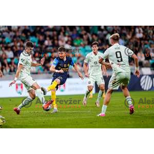 of Olimpija in action during Prva liga Telemach 2025/2026 football match between Olimpija and Celje in SRC Stozice, Ljubljana, Slovenia on August 3, 2025