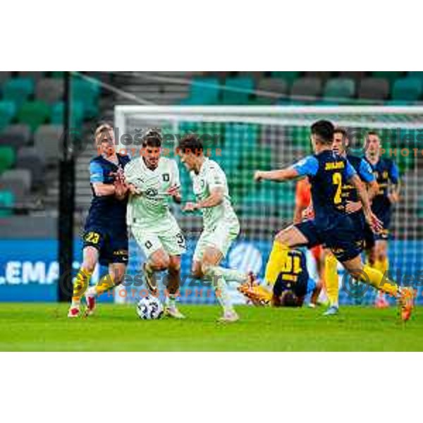 of Olimpija in action during Prva liga Telemach 2025/2026 football match between Olimpija and Celje in SRC Stozice, Ljubljana, Slovenia on August 3, 2025
