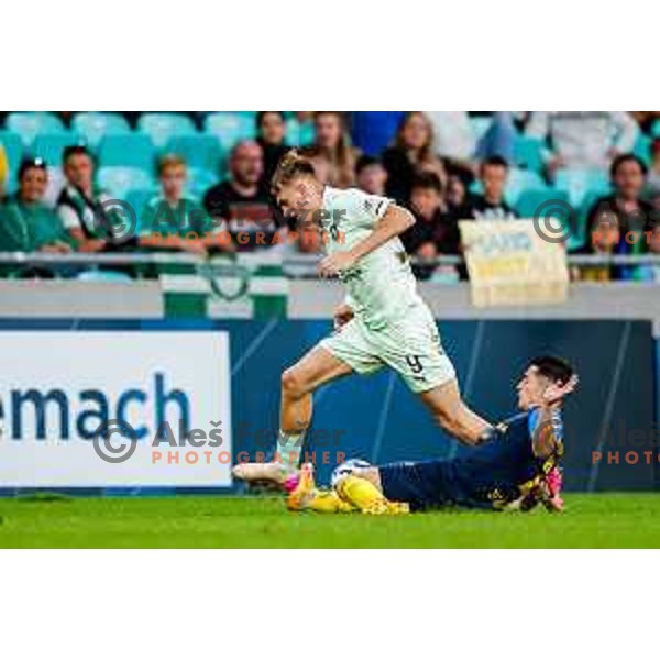 of Olimpija in action during Prva liga Telemach 2025/2026 football match between Olimpija and Celje in SRC Stozice, Ljubljana, Slovenia on August 3, 2025