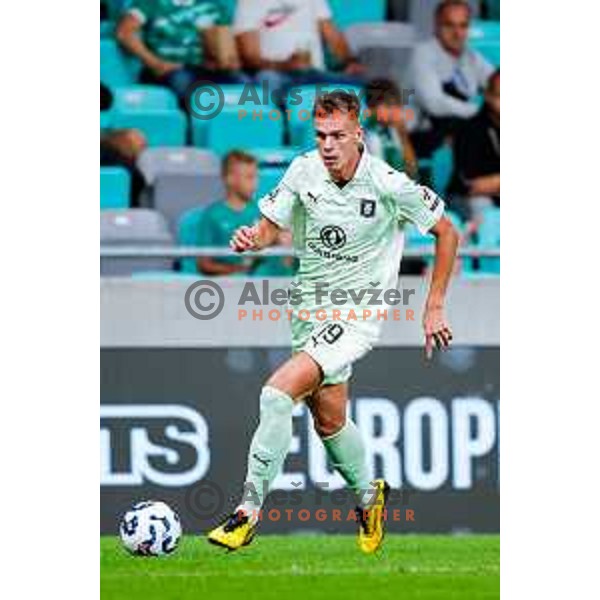 of Olimpija in action during Prva liga Telemach 2025/2026 football match between Olimpija and Celje in SRC Stozice, Ljubljana, Slovenia on August 3, 2025