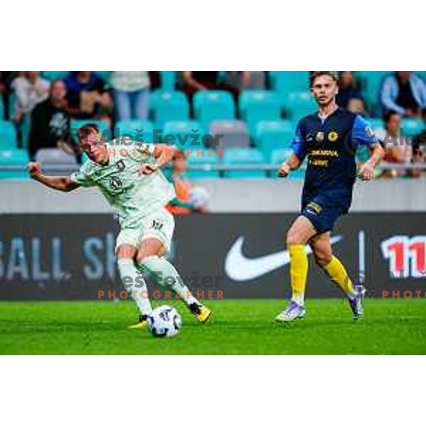 of Olimpija in action during Prva liga Telemach 2025/2026 football match between Olimpija and Celje in SRC Stozice, Ljubljana, Slovenia on August 3, 2025