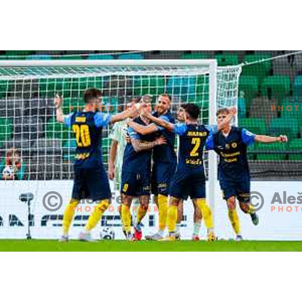 of Olimpija in action during Prva liga Telemach 2025/2026 football match between Olimpija and Celje in SRC Stozice, Ljubljana, Slovenia on August 3, 2025