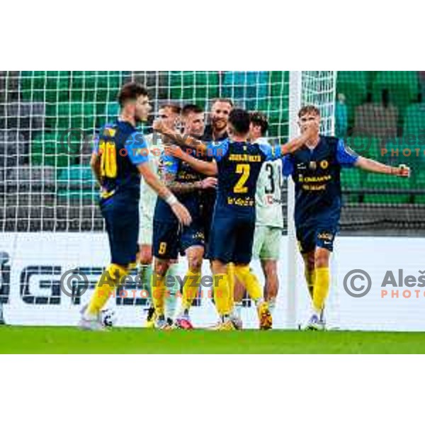 of Olimpija in action during Prva liga Telemach 2025/2026 football match between Olimpija and Celje in SRC Stozice, Ljubljana, Slovenia on August 3, 2025