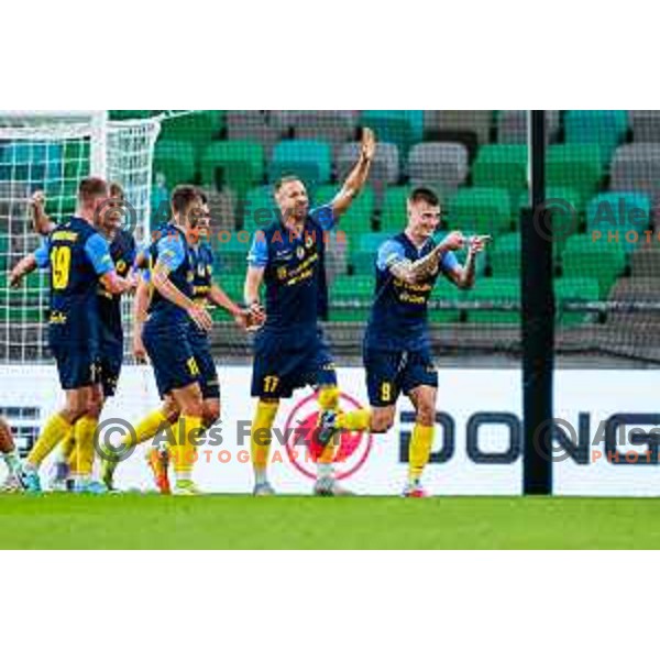 of Olimpija in action during Prva liga Telemach 2025/2026 football match between Olimpija and Celje in SRC Stozice, Ljubljana, Slovenia on August 3, 2025