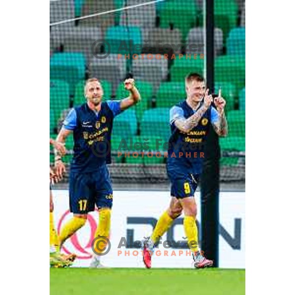 of Olimpija in action during Prva liga Telemach 2025/2026 football match between Olimpija and Celje in SRC Stozice, Ljubljana, Slovenia on August 3, 2025