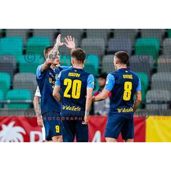 of Olimpija in action during Prva liga Telemach 2025/2026 football match between Olimpija and Celje in SRC Stozice, Ljubljana, Slovenia on August 3, 2025
