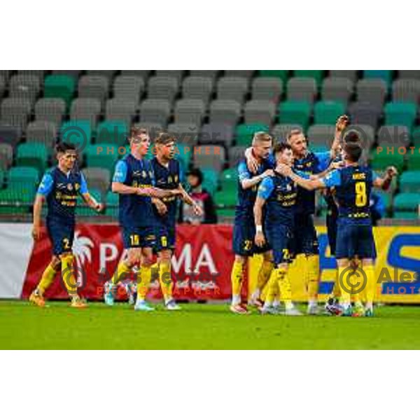 of Olimpija in action during Prva liga Telemach 2025/2026 football match between Olimpija and Celje in SRC Stozice, Ljubljana, Slovenia on August 3, 2025