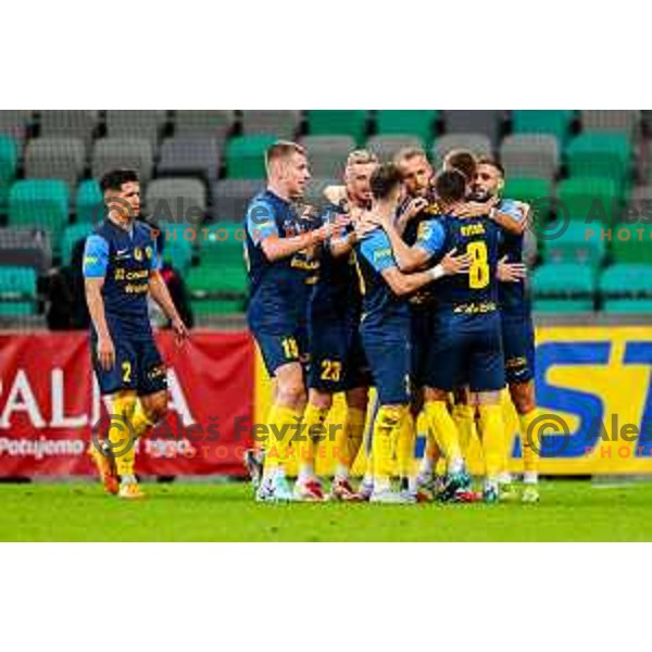 of Olimpija in action during Prva liga Telemach 2025/2026 football match between Olimpija and Celje in SRC Stozice, Ljubljana, Slovenia on August 3, 2025