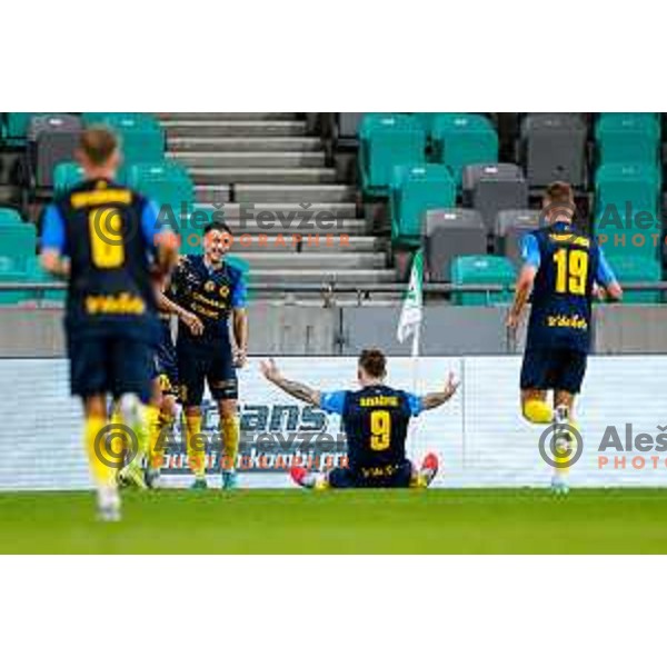 of Olimpija in action during Prva liga Telemach 2025/2026 football match between Olimpija and Celje in SRC Stozice, Ljubljana, Slovenia on August 3, 2025