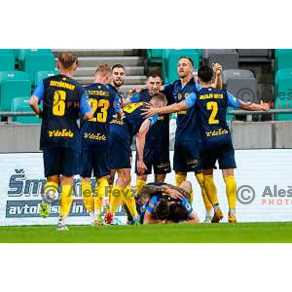 of Olimpija in action during Prva liga Telemach 2025/2026 football match between Olimpija and Celje in SRC Stozice, Ljubljana, Slovenia on August 3, 2025
