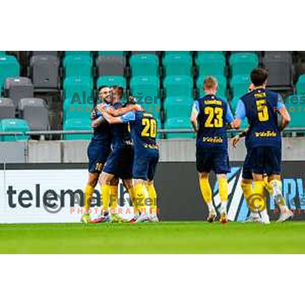 of Olimpija in action during Prva liga Telemach 2025/2026 football match between Olimpija and Celje in SRC Stozice, Ljubljana, Slovenia on August 3, 2025