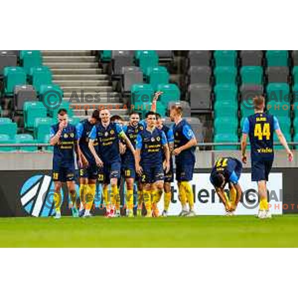 of Olimpija in action during Prva liga Telemach 2025/2026 football match between Olimpija and Celje in SRC Stozice, Ljubljana, Slovenia on August 3, 2025