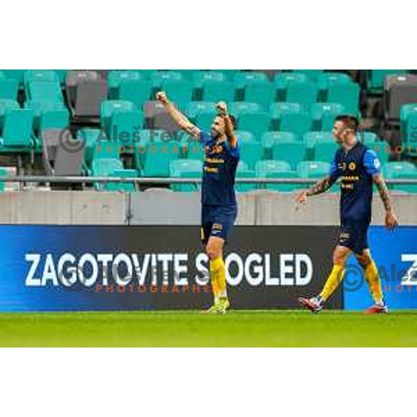 of Olimpija in action during Prva liga Telemach 2025/2026 football match between Olimpija and Celje in SRC Stozice, Ljubljana, Slovenia on August 3, 2025