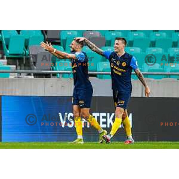 of Olimpija in action during Prva liga Telemach 2025/2026 football match between Olimpija and Celje in SRC Stozice, Ljubljana, Slovenia on August 3, 2025