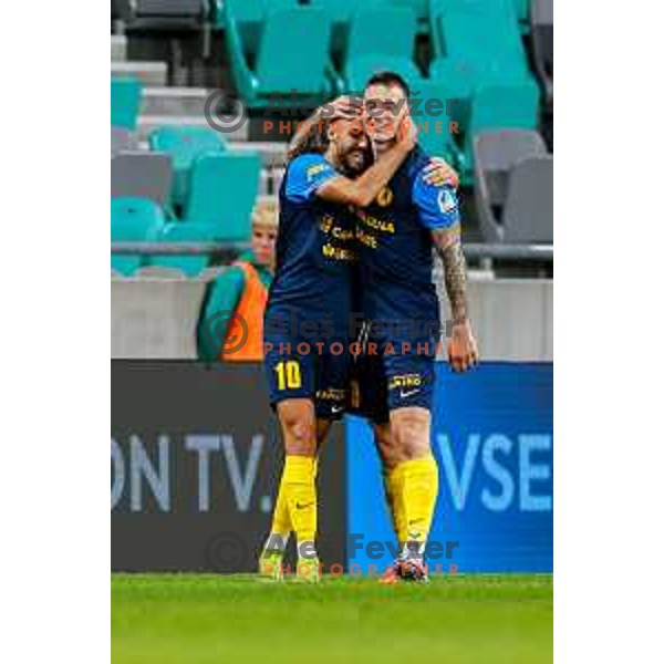 of Olimpija in action during Prva liga Telemach 2025/2026 football match between Olimpija and Celje in SRC Stozice, Ljubljana, Slovenia on August 3, 2025