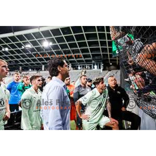 Jorge Simao and Green Dragons discuss future of Olimpija players after the Prva liga Telemach 2025/2026 football match between Olimpija and Celje in SRC Stozice, Ljubljana, Slovenia on August 3, 2025