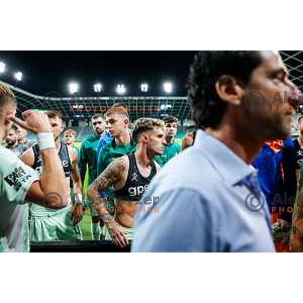 Green Dragons discuss future with Olimpija players after the Prva liga Telemach 2025/2026 football match between Olimpija and Celje in SRC Stozice, Ljubljana, Slovenia on August 3, 2025