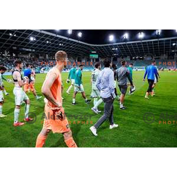 Jorge Simao and players of Olimpija leaving the pitch after Prva liga Telemach 2025/2026 football match between Olimpija and Celje in SRC Stozice, Ljubljana, Slovenia on August 3, 2025