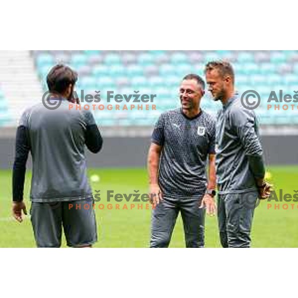 Ivan Senzen and Antonio Delamea Mlinar, assistant coaches of Olimpija during practice session of NK Olimpija before UEFA Conference League play-off in Ljubljana, Slovenia on August 6, 2025 