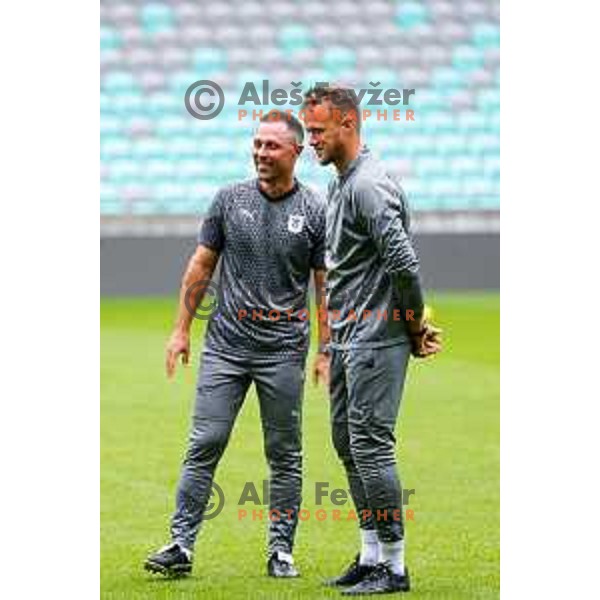 Ivan Senzen and Antonio Delamea Mlinar, assistant coaches of Olimpija during practice session of NK Olimpija before UEFA Conference League play-off in Ljubljana, Slovenia on August 6, 2025 
