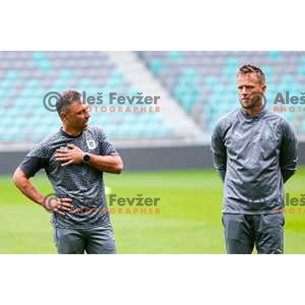 Ivan Senzen and Antonio Delamea Mlinar, assistant coaches of Olimpija during practice session of NK Olimpija before UEFA Conference League play-off in Ljubljana, Slovenia on August 6, 2025 