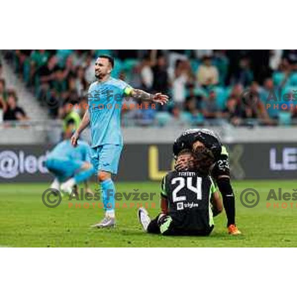 Alex Matthias Tamm of NK Olimpija Ljubljana and Diogo Costa Pinto of NK Olimpija Ljubljana during UEFA Conference League 2025/2026 third round match between NK Olimpija Ljubljana and KF Egnatia in SRC Stozice, Ljubljana, Slovenia on August 7., 2025. Photo Grega Valancic