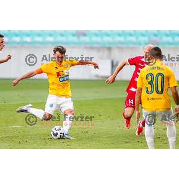 Martin Pecar scores and celebrates a goal during Prva liga Telemach 2025/2026 football match between Bravo and Aluminij in Ljubljana, Slovenia on August 9, 2025