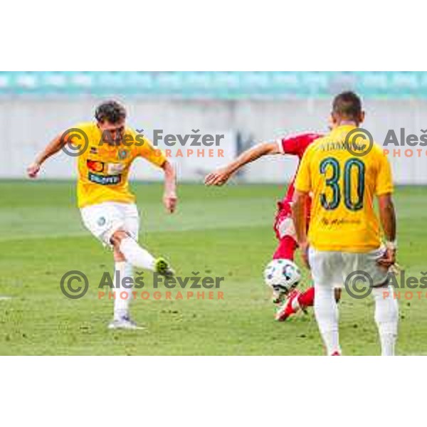 Martin Pecar scores and celebrates a goal during Prva liga Telemach 2025/2026 football match between Bravo and Aluminij in Ljubljana, Slovenia on August 9, 2025