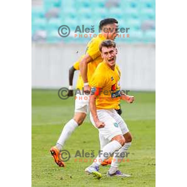 Martin Pecar scores and celebrates a goal during Prva liga Telemach 2025/2026 football match between Bravo and Aluminij in Ljubljana, Slovenia on August 9, 2025