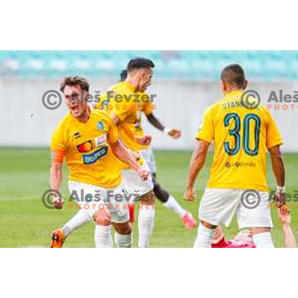 Martin Pecar scores and celebrates a goal during Prva liga Telemach 2025/2026 football match between Bravo and Aluminij in Ljubljana, Slovenia on August 9, 2025
