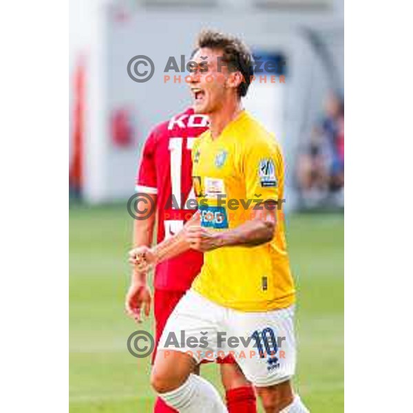 Martin Pecar scores and celebrates a goal during Prva liga Telemach 2025/2026 football match between Bravo and Aluminij in Ljubljana, Slovenia on August 9, 2025