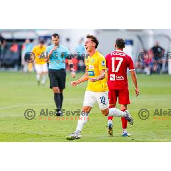Martin Pecar scores and celebrates a goal during Prva liga Telemach 2025/2026 football match between Bravo and Aluminij in Ljubljana, Slovenia on August 9, 2025