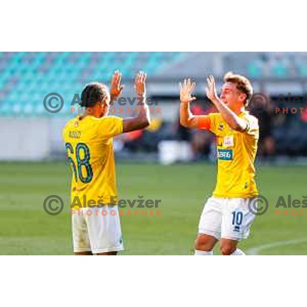 Martin Pecar scores and celebrates a goal during Prva liga Telemach 2025/2026 football match between Bravo and Aluminij in Ljubljana, Slovenia on August 9, 2025