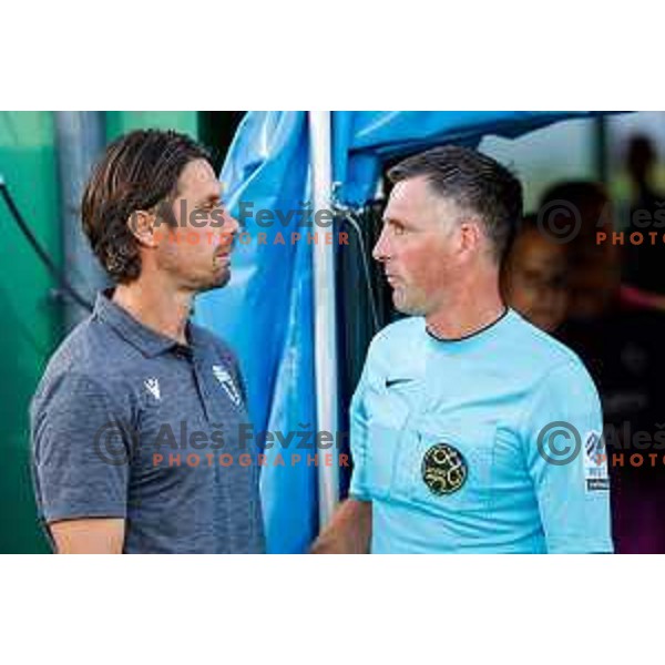 Milan Andjelkovic and referee Dejan Balazic during Prva liga Telemach 2025/2026 football match between Primorje and Maribor in Ajdovscina, Slovenia on August 10, 2025