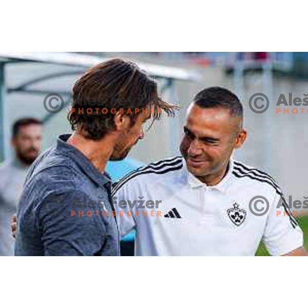 Milan Andjelkovic and Tugberk Tanrivermis during Prva liga Telemach 2025/2026 football match between Primorje and Maribor in Ajdovscina, Slovenia on August 10, 2025