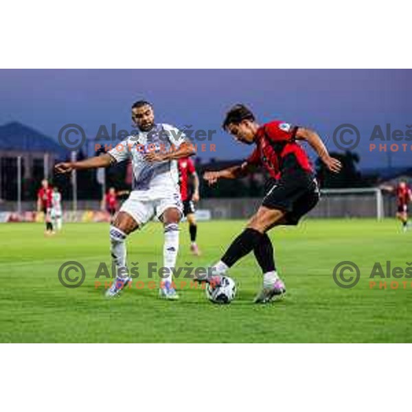 Halil Soudani and Haris Kadric in action during Prva liga Telemach 2025/2026 football match between Primorje and Maribor in Ajdovscina, Slovenia on August 10, 2025