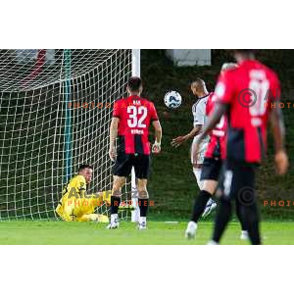 Halil Soudani scores and celebrates a goal during Prva liga Telemach 2025/2026 football match between Primorje and Maribor in Ajdovscina, Slovenia on August 10, 2025