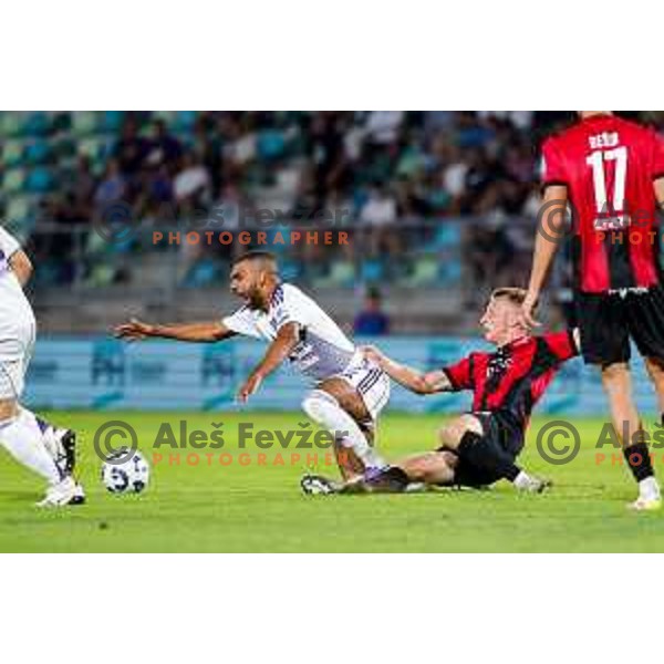 Halil Soudani in action during Prva liga Telemach 2025/2026 football match between Primorje and Maribor in Ajdovscina, Slovenia on August 10, 2025