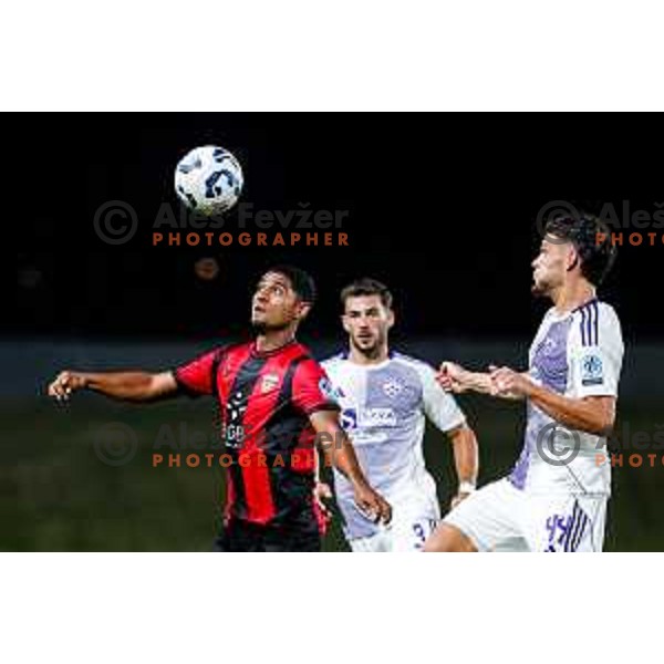 Roger Andretty Murillo Soto and Omar Rekik in action during Prva liga Telemach 2025/2026 football match between Primorje and Maribor in Ajdovscina, Slovenia on August 10, 2025
