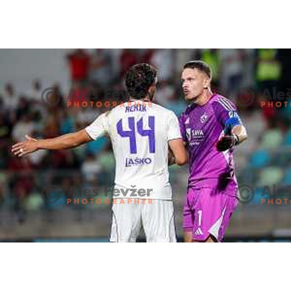 Omar Rekik and Azbe Jug of Maribor during Prva liga Telemach 2025/2026 football match between Primorje and Maribor in Ajdovscina, Slovenia on August 10, 2025