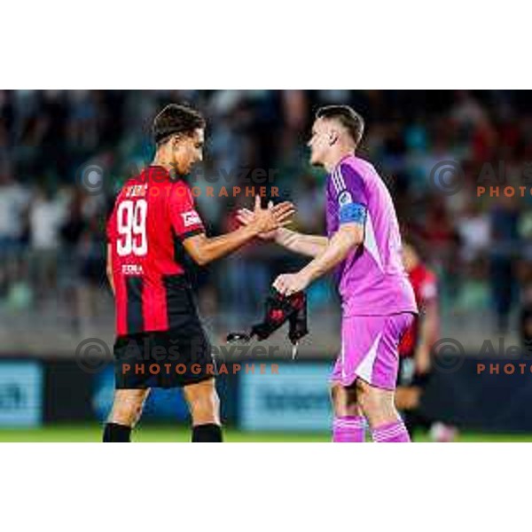 Haris Kadric and Azbe Jug of Maribor during Prva liga Telemach 2025/2026 football match between Primorje and Maribor in Ajdovscina, Slovenia on August 10, 2025