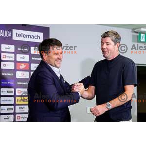 Igor Barisic and Erwin van de Looi, newly appointed head coach of NK Olimpija during press conference in Ljubljana, Slovenia on August 11, 2025