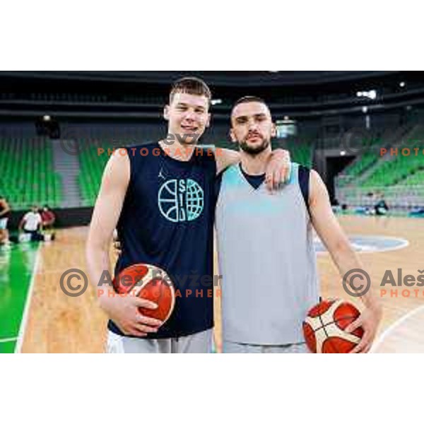 Luka Scuka and Rok Radovic of Slovenia National Basketball team during practice session in Ljubljana, Slovenia on August 13, 2025