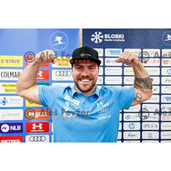 Miha Hrobat of Slovenia Alpine Speed team during press conference in Ljubljana, Slovenia on August 13, 2025