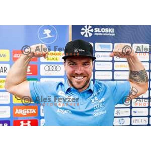 Miha Hrobat of Slovenia Alpine Speed team during press conference in Ljubljana, Slovenia on August 13, 2025