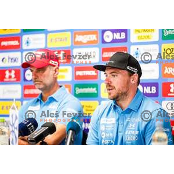 Miha Hrobat of Slovenia Alpine Speed team during press conference in Ljubljana, Slovenia on August 13, 2025