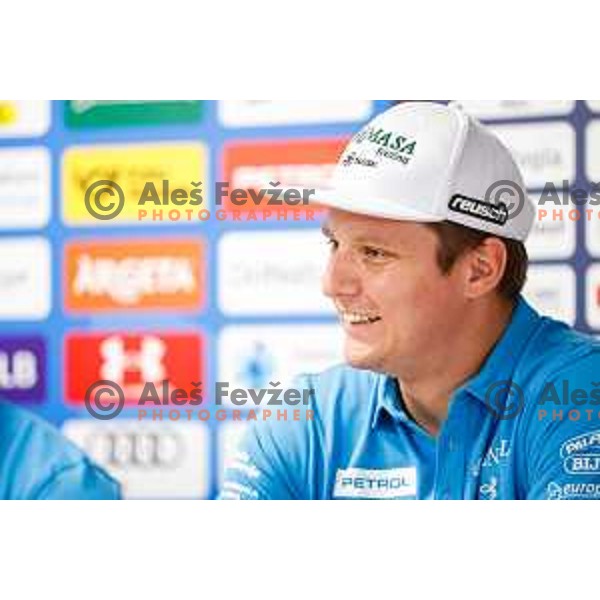 Nejc Naralocnik of Slovenia Alpine Speed team during press conference in Ljubljana, Slovenia on August 13, 2025
