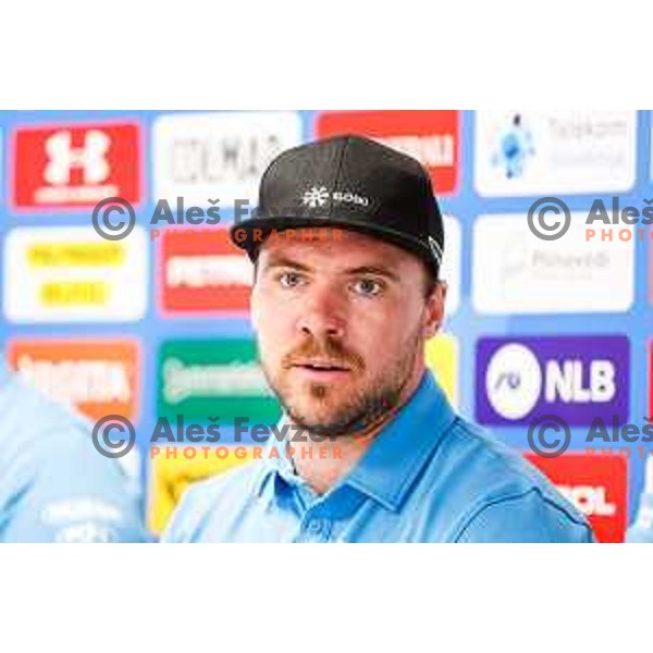 Miha Hrobat of Slovenia Alpine Speed team during press conference in Ljubljana, Slovenia on August 13, 2025
