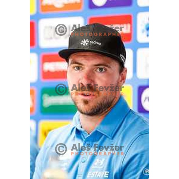 Miha Hrobat of Slovenia Alpine Speed team during press conference in Ljubljana, Slovenia on August 13, 2025